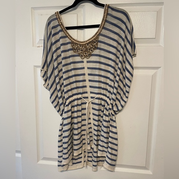 Moda International Tops - Striped Blue and White Tunic with Bead Accents